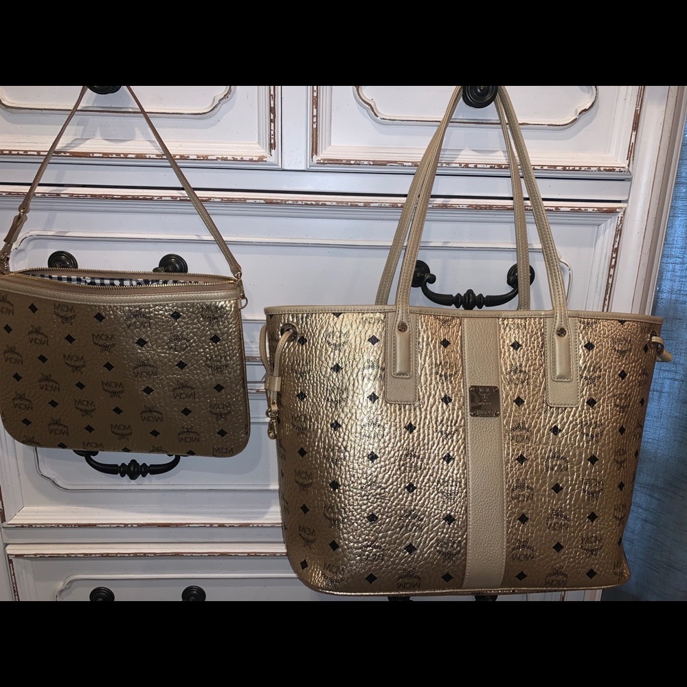 MCM Visetos Shopper Tote Bag - Gold